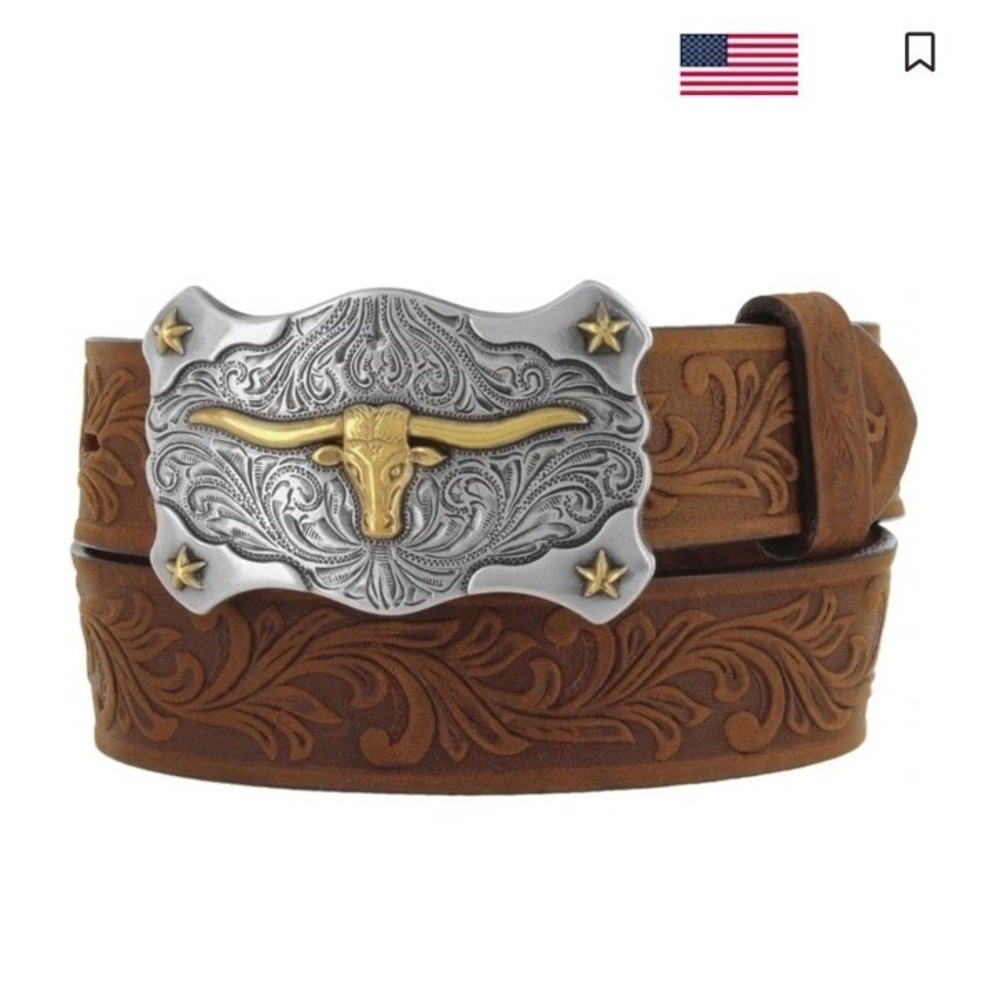 TONY LAMA KID'S LEATHER FLORAL AND LONG HORN BELT NWT Size 28 Brown